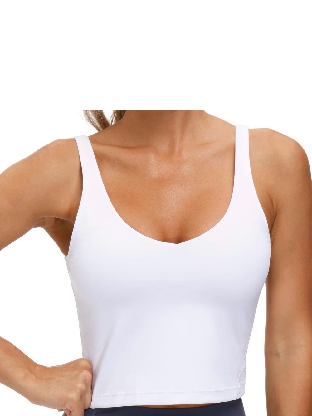 White Scoop Neck Cropped Athletic Tank Top with Built in Bra